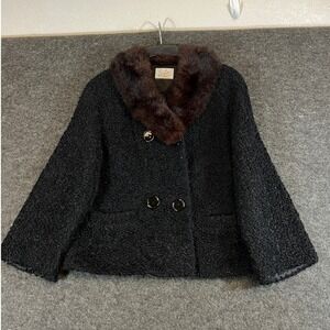 Vintage 60s Winter Product Jacket Womens Large Black Fur Collar Boucle Coat